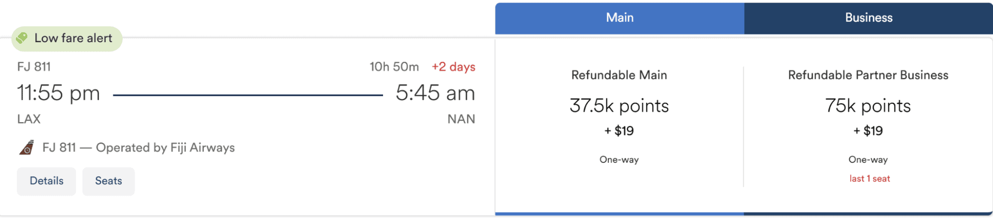 Fiji Airways business class flight from Losa Angeles to Nadi (NAN), Fiji using Atmos Rewards.