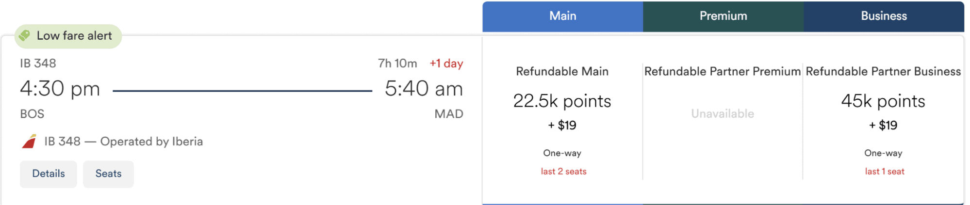 Iberia business class flight from Boston to Madrid using Atmos Rewards.