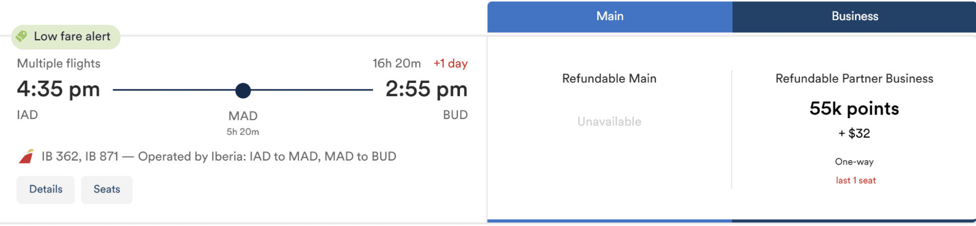 Iberia business class flight from Washington-Dulles (IAD) to Budapest with a connection in Madrid using Atmos Rewards.