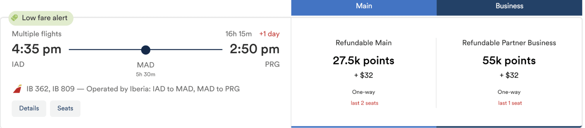 Iberia business class fight from Washington-Dulles to Prague using Atmos Rewards.