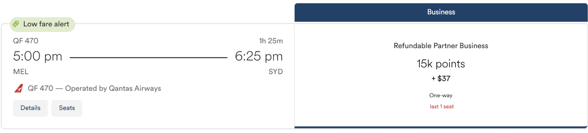 Qantas Airways from Melbourne (MEL) to Sydney (SYD) using Atmos Rewards.