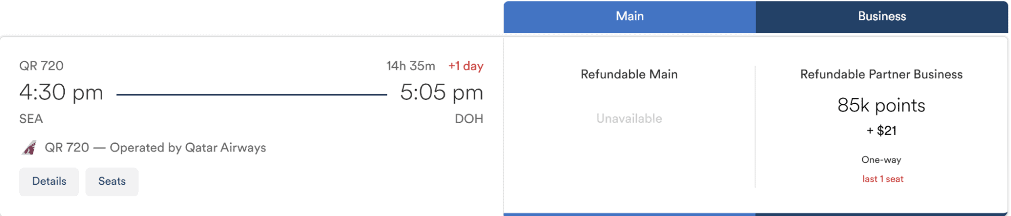 Qatar Airways business class flight from Seattle to Doha using Atmos Rewards.