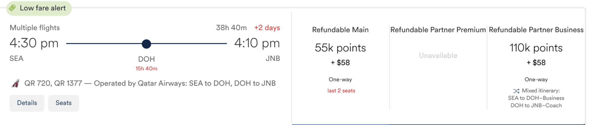 Qatar Airways business class flight from Seattle to Doha to Johannesburg (JNB) using Atmos Rewards.