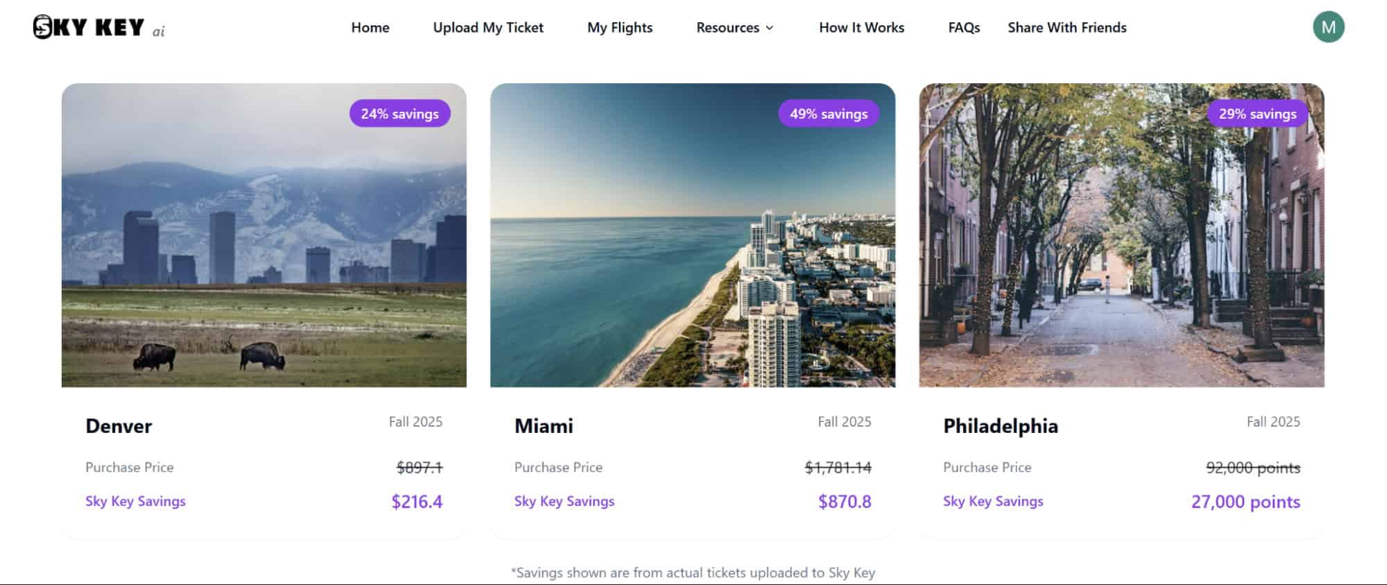 Sky Key AI dashboard showing flight price savings examples for Denver Miami and Philadelphia with percentage discounts and reduced costs