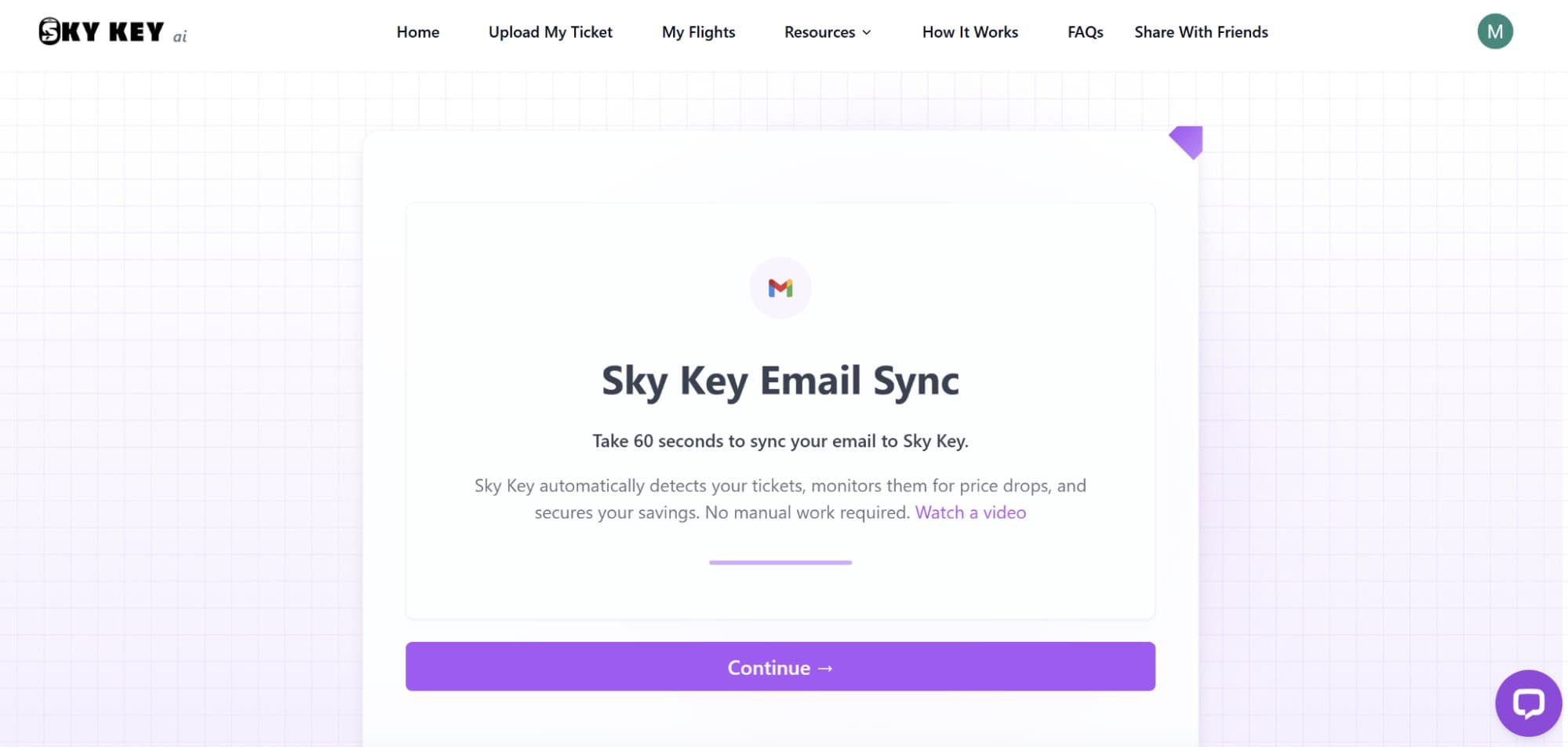 Sky Key email sync screen showing automatic ticket detection and flight price monitoring setup with Gmail integration