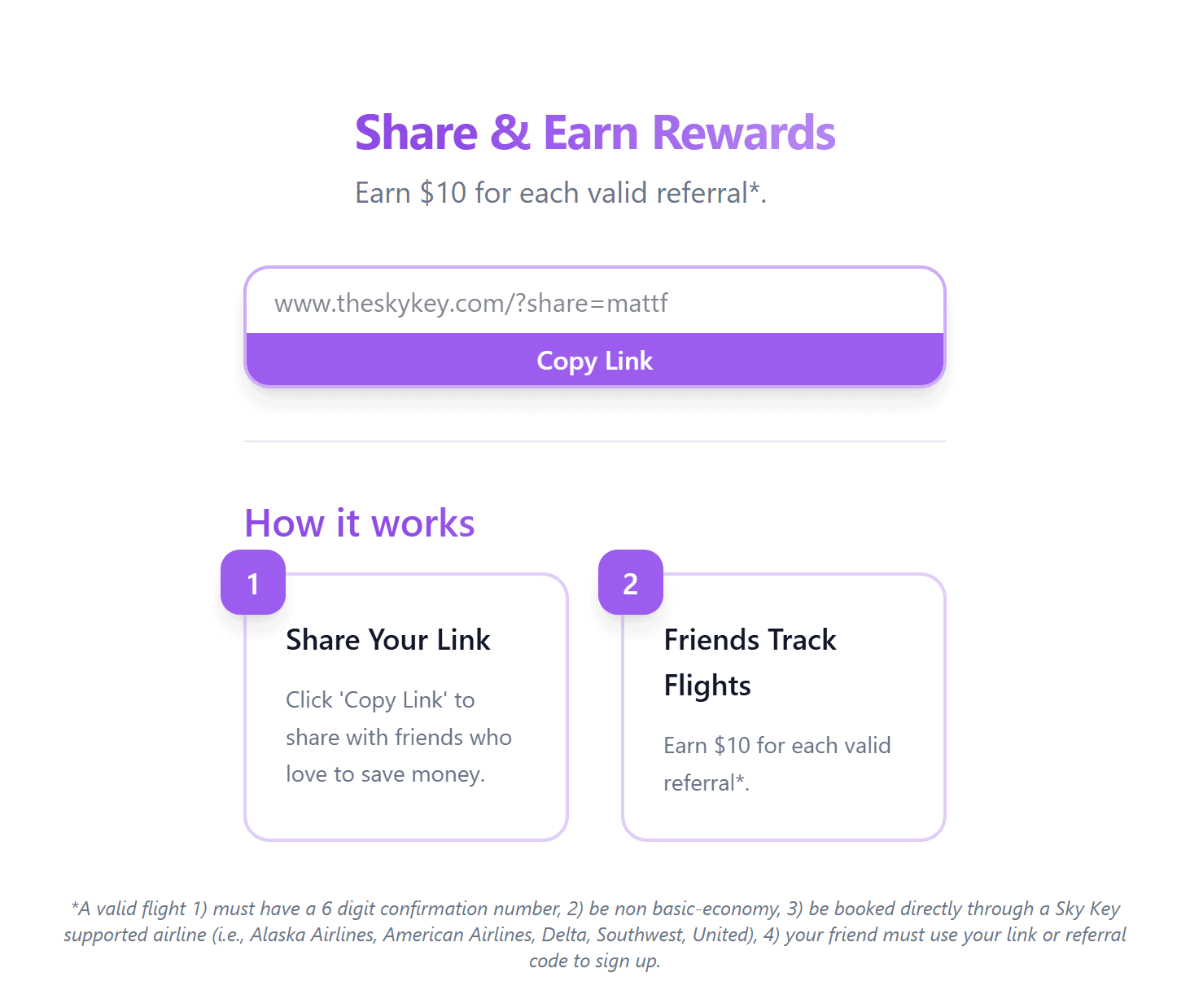 Sky Key referral program page showing share and earn rewards feature with $10 per referral and copy link option