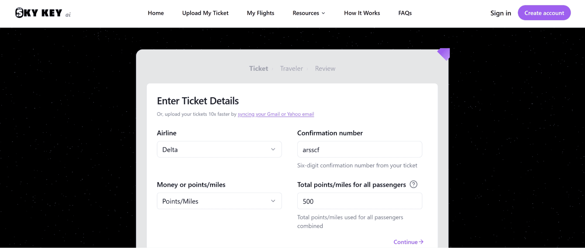 Sky Key ticket upload page showing form to enter airline confirmation number and points or miles for tracking flight price drops