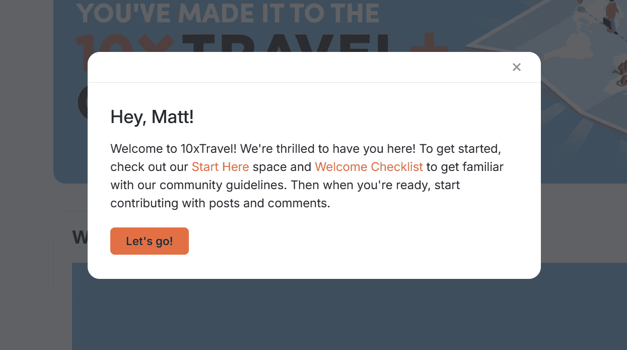 10xTravel+ welcome message