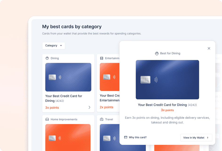 10xTravel+ Best Card by Category feature