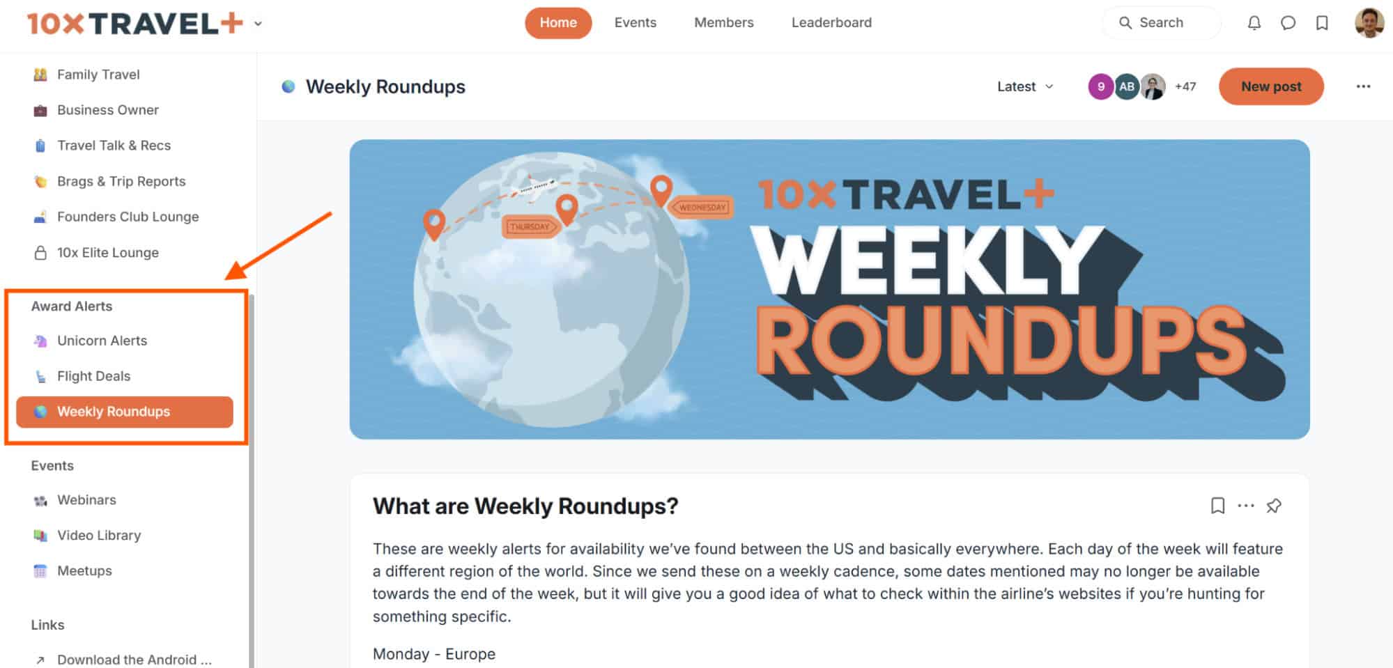 10xTravel+ dashboard showing award alerts navigation with Unicorn Alerts, Flight Deals, and Weekly Roundups