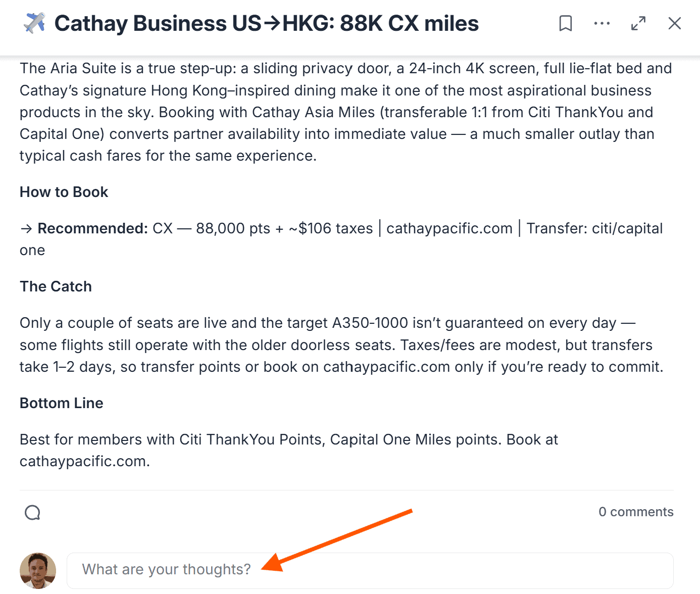 Award alert post with comment box allowing users to ask questions or start discussions