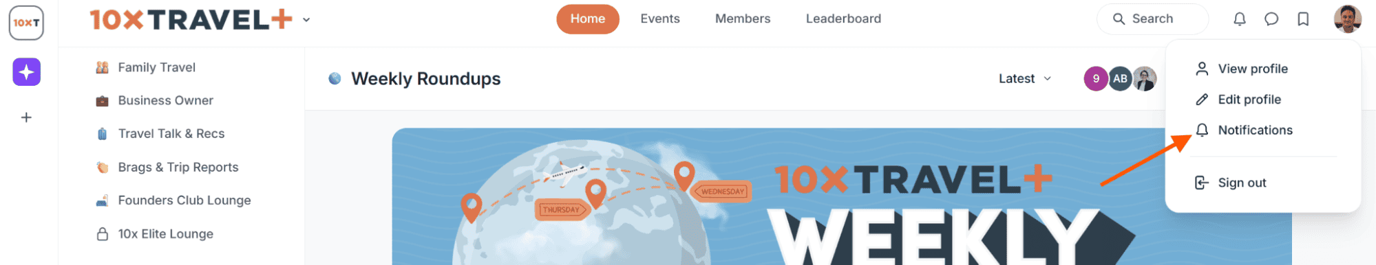 10xTravel+ dashboard profile menu highlighting notifications settings in the top right corner