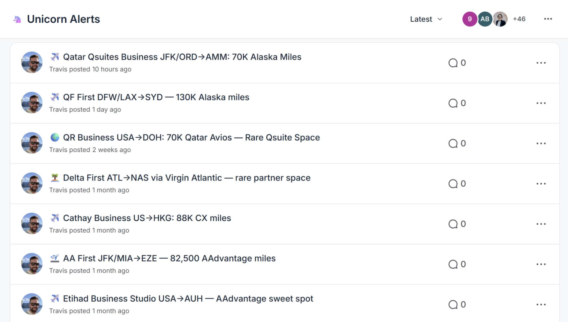 Dashboard showing real-time Unicorn Alerts for rare award flight deals using points and miles