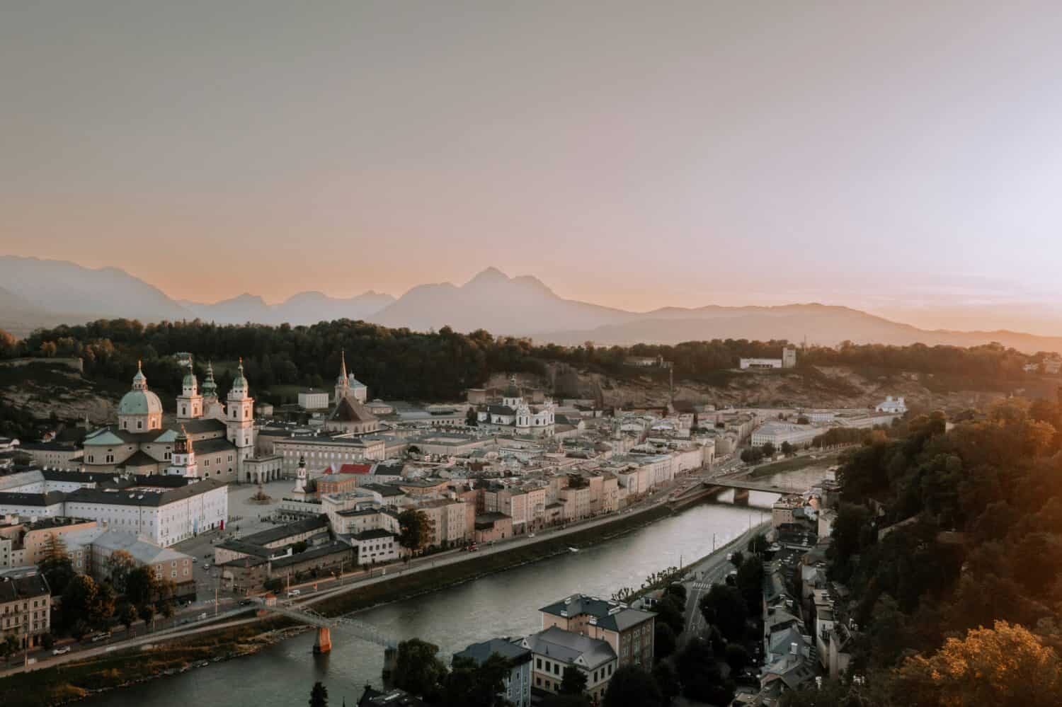 Aerial view of Salzburg, Austria at sunset.