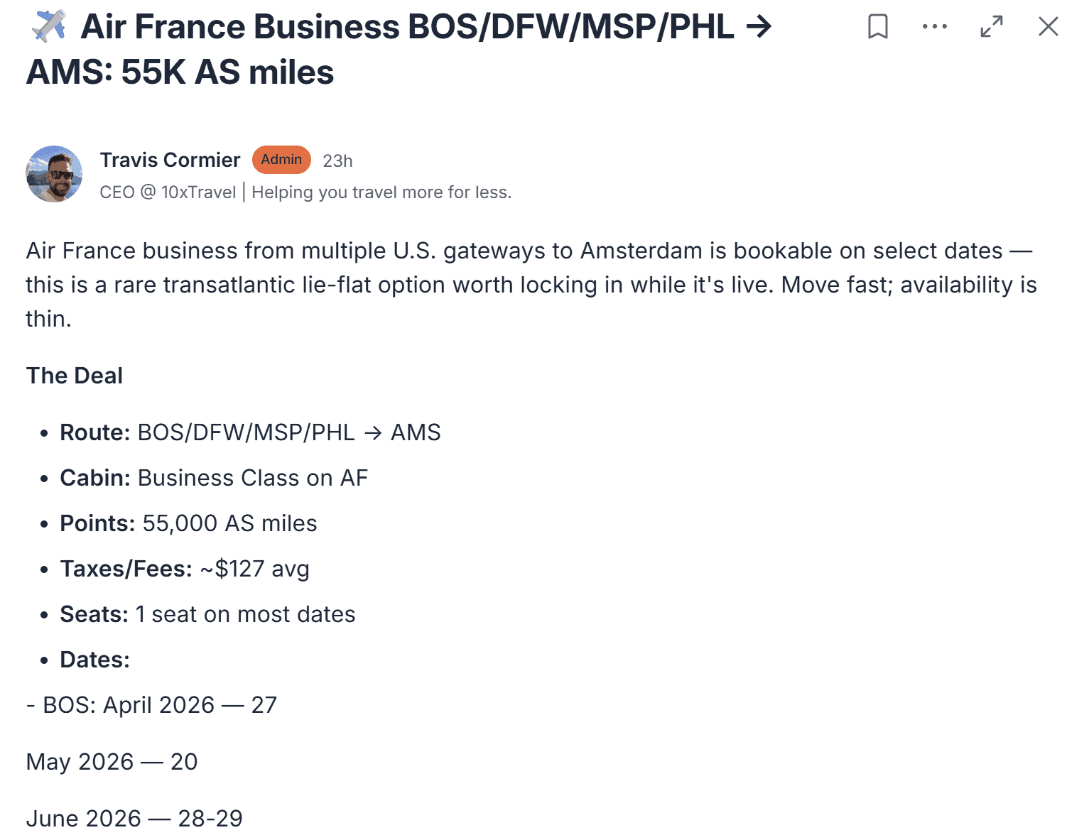 Flight deal alert showing Air France business class award availability from multiple U.S. cities to Amsterdam using Alaska miles