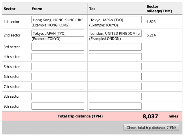 Airline mileage calculator showing multi-city itinerary with total trip distance in TPM miles