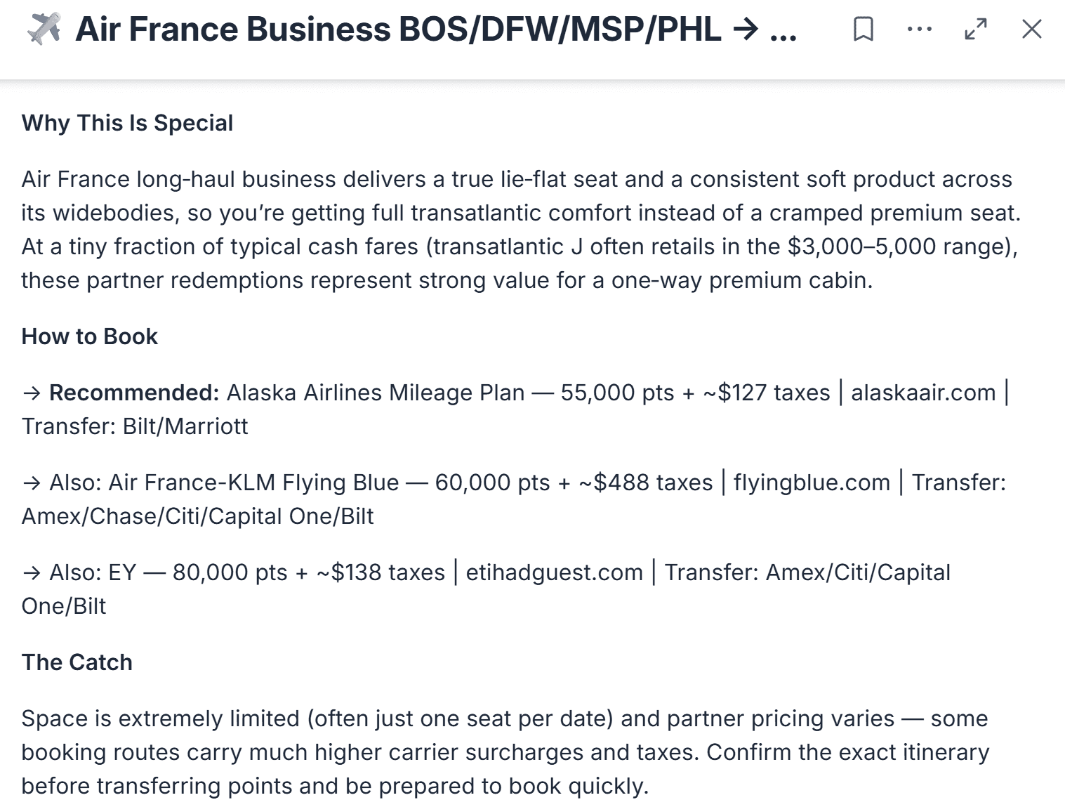Flight deal alert showing multiple booking options with different points programs and mileage requirements