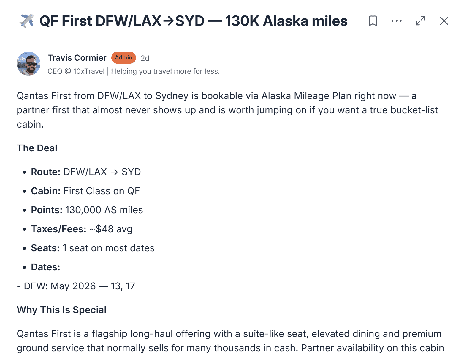 Unicorn Alert showing Qantas First Class award availability from Dallas or Los Angeles to Sydney using Alaska miles