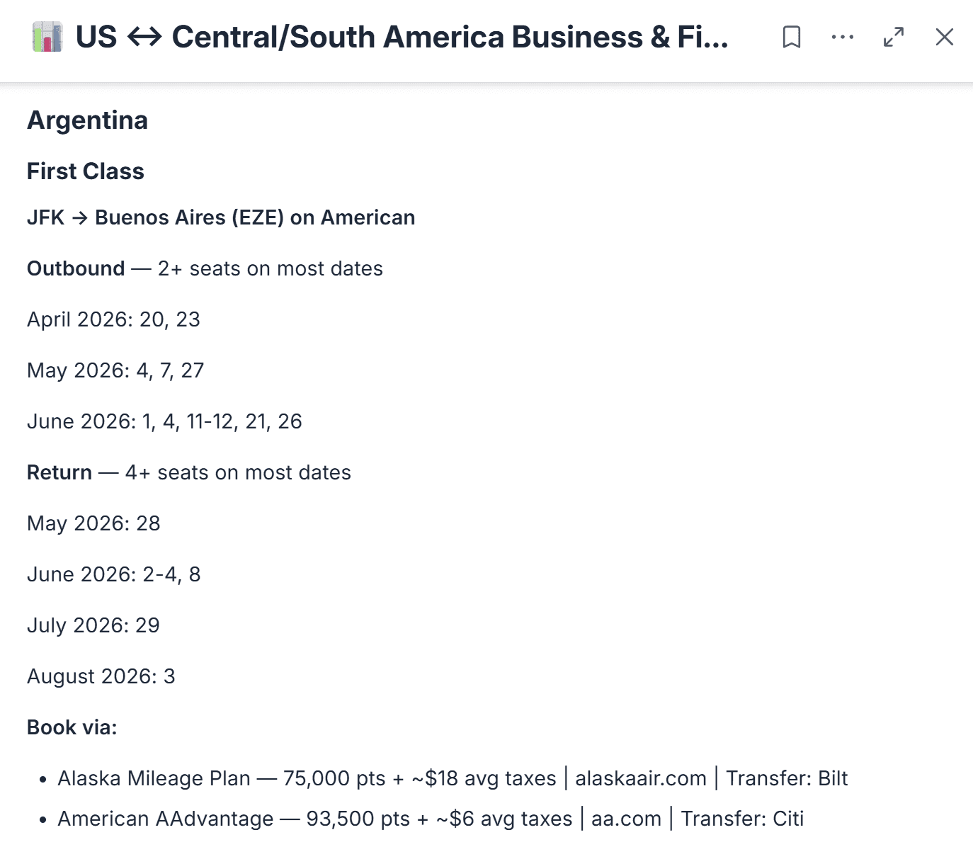 Award availability from US to Buenos Aires showing dates, seat availability, and points booking options