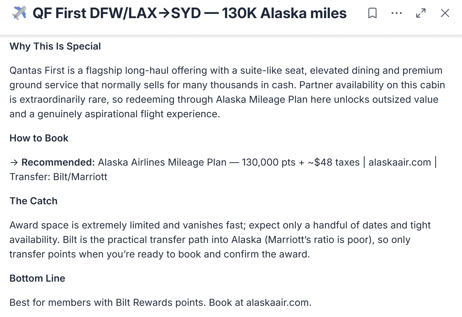 Unicorn Alert showing booking details including points required, taxes, and recommended program for redemption