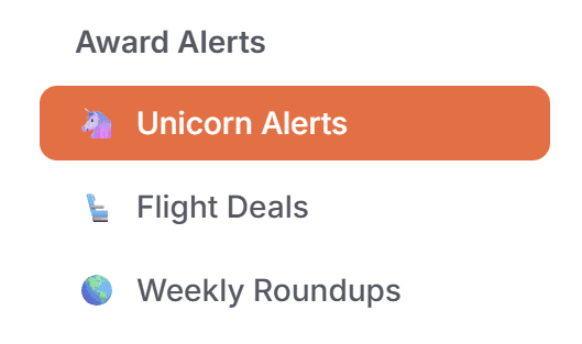 Navigation menu highlighting Unicorn Alerts under award alerts for tracking rare flight deals