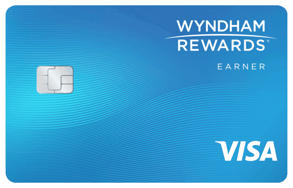 Light blue Wyndham Rewards Earner Card with chip, city skyline illustrations, 
