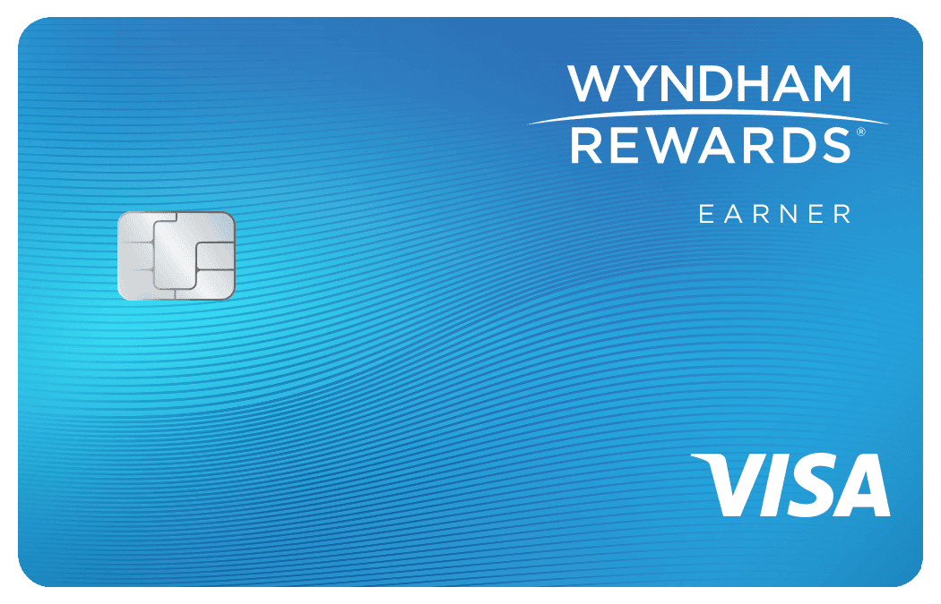 Light blue Wyndham Rewards Earner Card with chip, city skyline illustrations, 