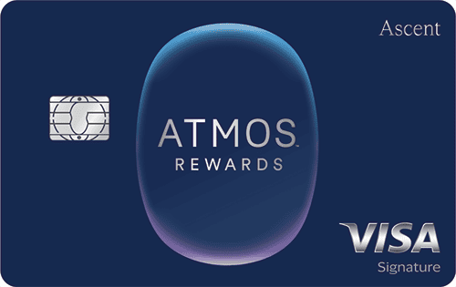 A blue Atmos Rewards Ascent VISA Signature credit card with a chip on the left, ATMOS REWARDS in the center, Ascent in the top right, and the VISA Signature logo in the lower right corner.