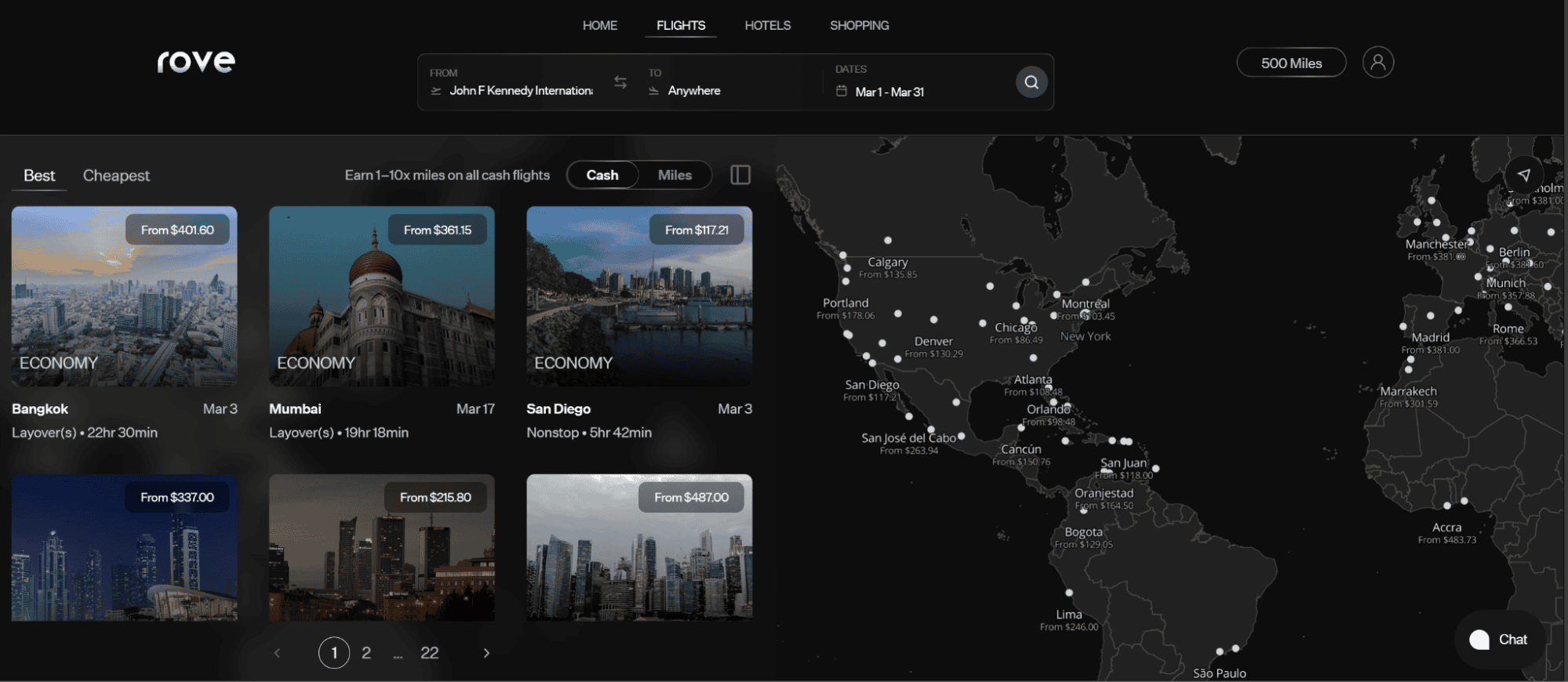 Rove Miles flight search page showing the destination set to “Anywhere,” with flexible travel deals displayed on an interactive world map and destination cards with pricing information