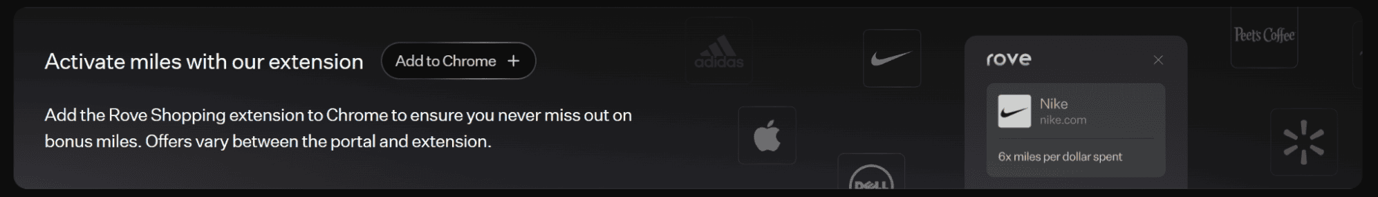 Promotional banner for the Rove Shopping browser extension encouraging users to add the Chrome extension to activate bonus miles and access exclusive shopping offers