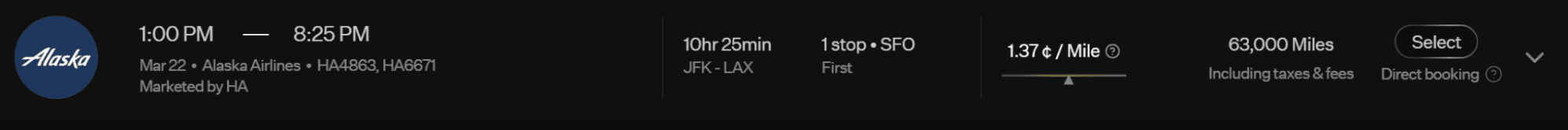 Rove Miles flight search result showing an Alaska Airlines first class flight from New York to Los Angeles labeled as a direct booking with the Select button displayed
