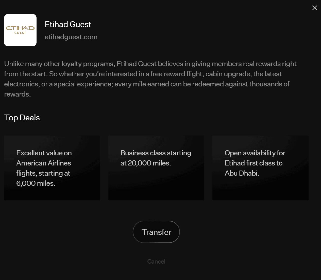 Rove Miles transfer partner page for Etihad Guest displaying partner benefits, sample award pricing, and a transfer option for converting Rove Miles into Etihad Guest miles