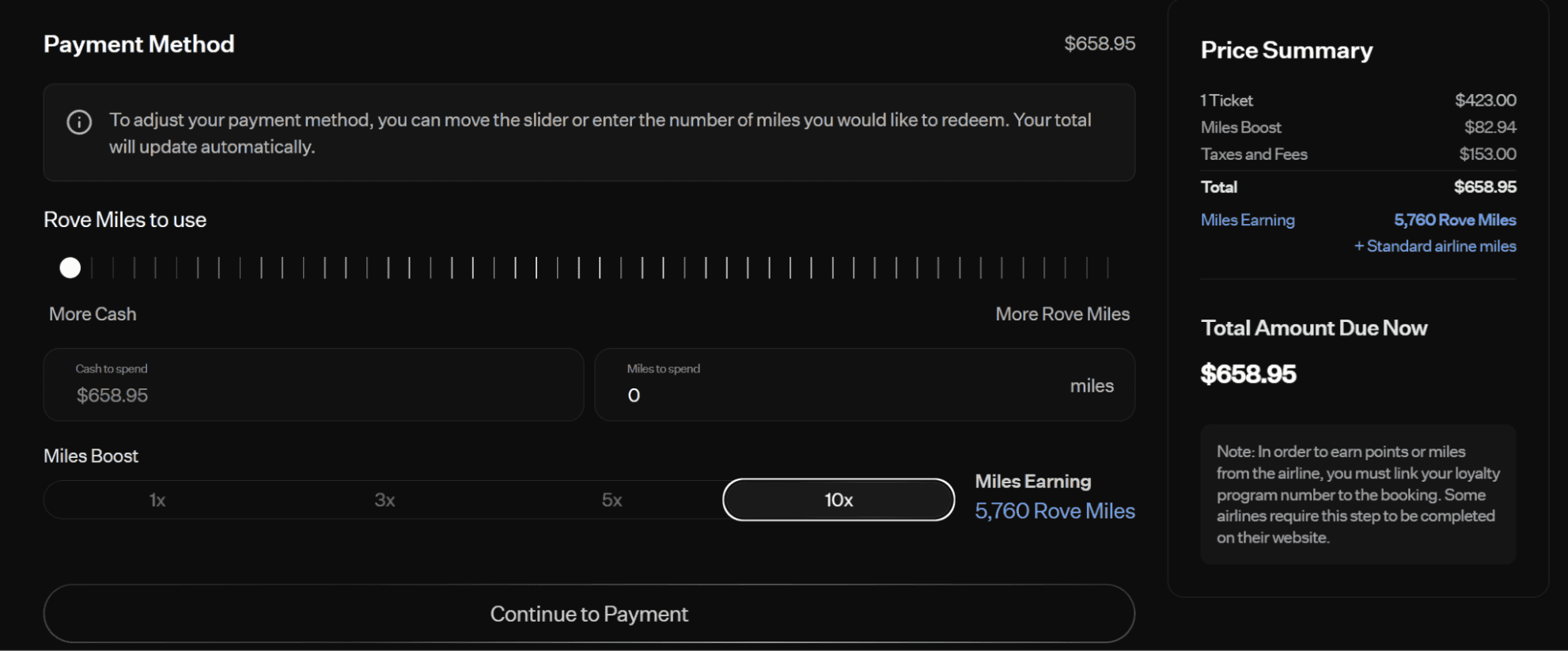 Rove Miles flight checkout page showing optional mileage multiplier boosts of 3X, 5X, and 10X miles per dollar spent for an additional fee during airfare booking checkout