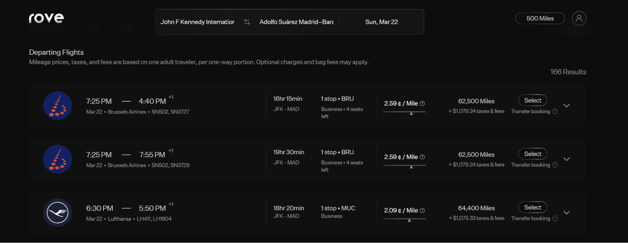Rove Miles airfare search results showing business class award flights to Madrid with the cents-per-mile redemption value displayed alongside mileage costs and taxes for each itinerary