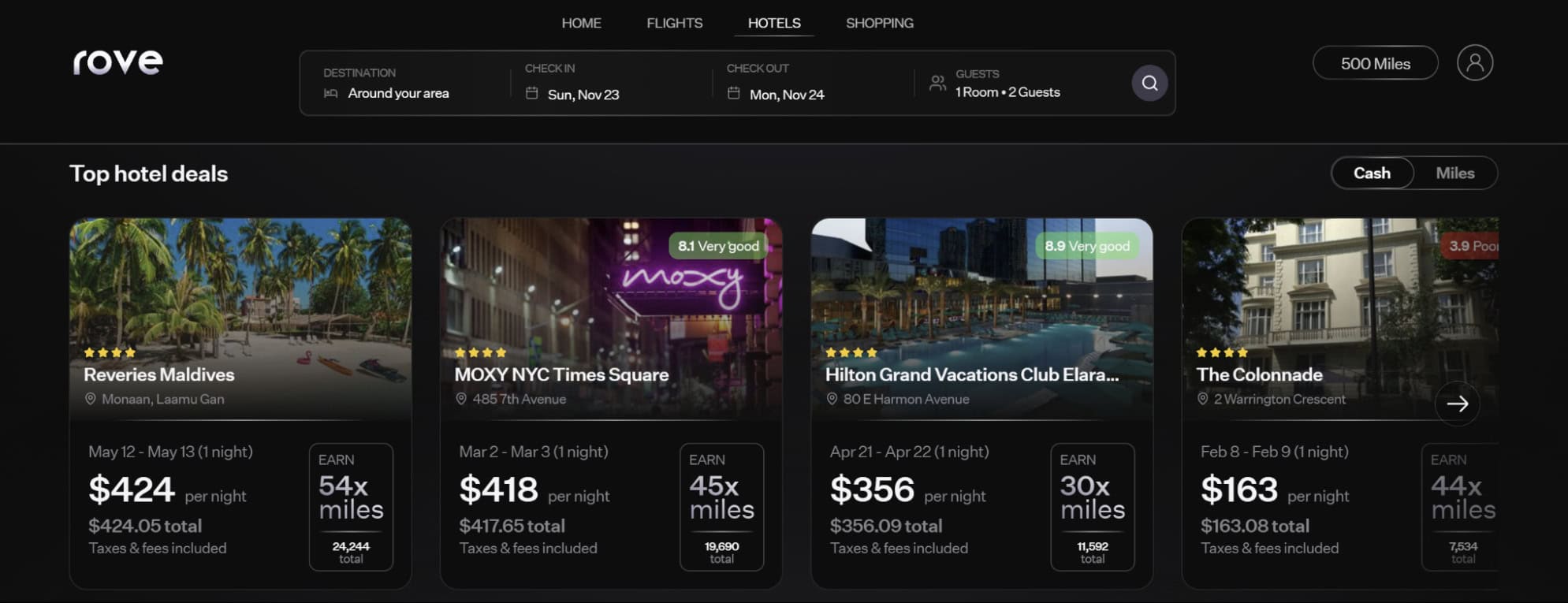 Rove Miles hotel booking platform showing travel deals, hotel listings, nightly rates, and bonus miles earning multipliers for bookings made through the portal