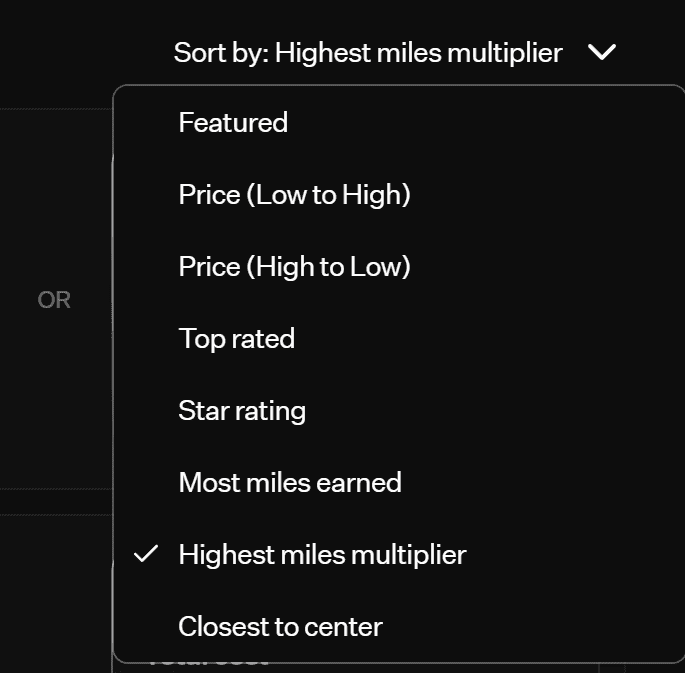 Rove Miles hotel search filter menu showing sorting options including price, top rated properties, star rating, most miles earned, and highest miles multiplier