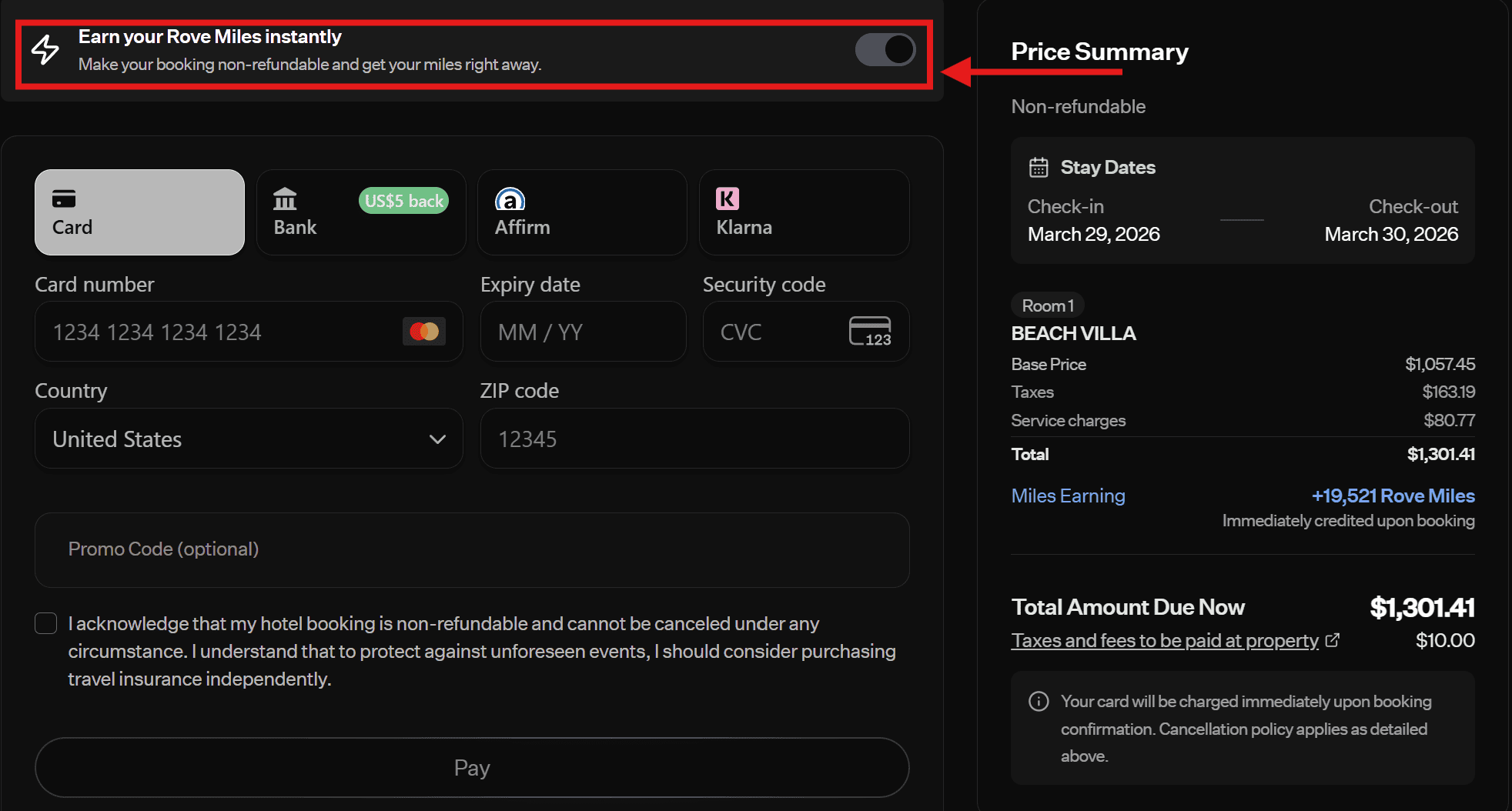 Rove Miles hotel checkout page showing the option to earn miles instantly by making a booking nonrefundable, with immediate mileage credit displayed in the price summary section