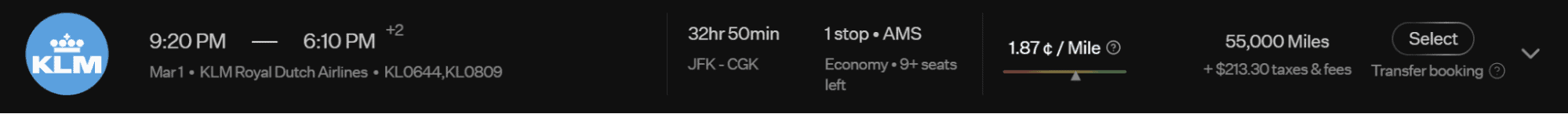 Rove Miles award flight search result showing a KLM itinerary from New York to Jakarta with a redemption value of 1.87 cents per mile and a cost of 55,000 miles plus taxes and fees