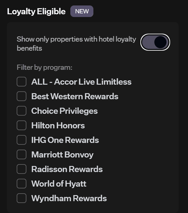 Rove Miles loyalty-eligible hotel booking filter showing supported hotel loyalty programs including Hilton Honors, Marriott Bonvoy, World of Hyatt, IHG One Rewards, and Choice Privileges