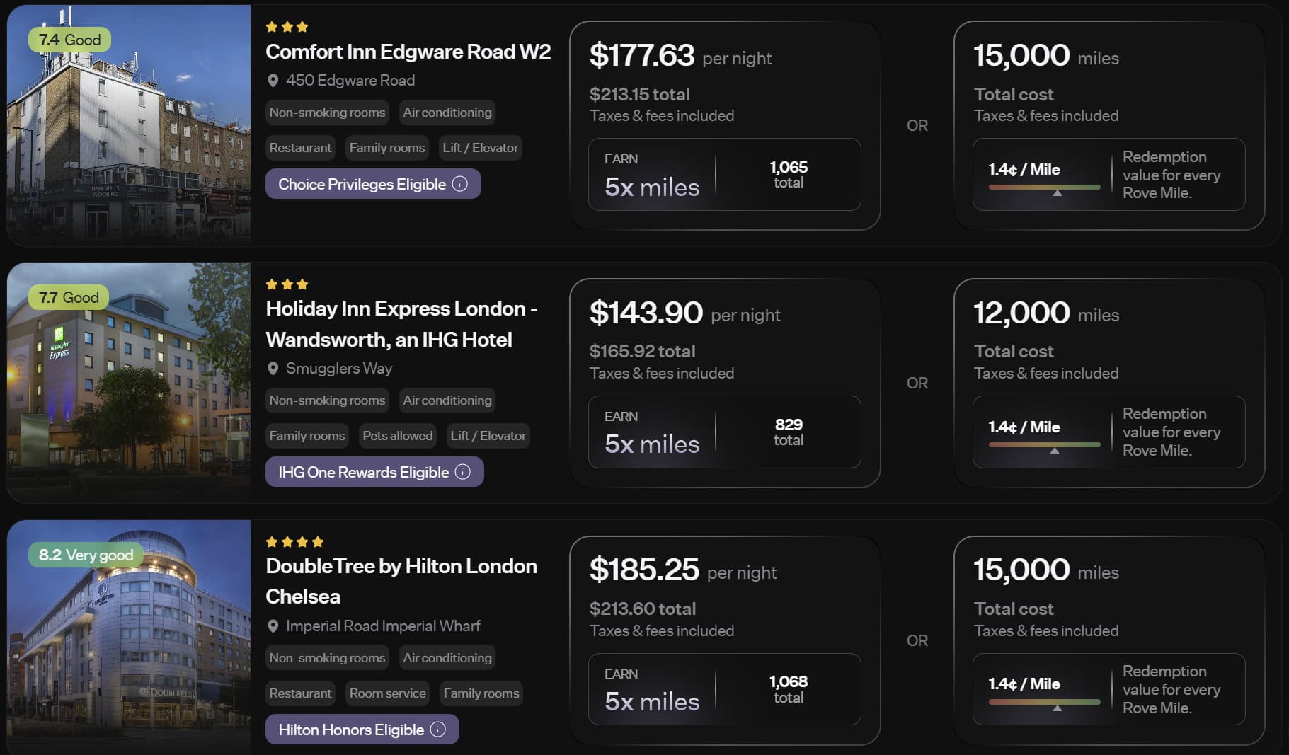 Rove Miles hotel search results displaying loyalty-eligible properties with labels for Choice Privileges, IHG One Rewards, and Hilton Honors next to each hotel listing