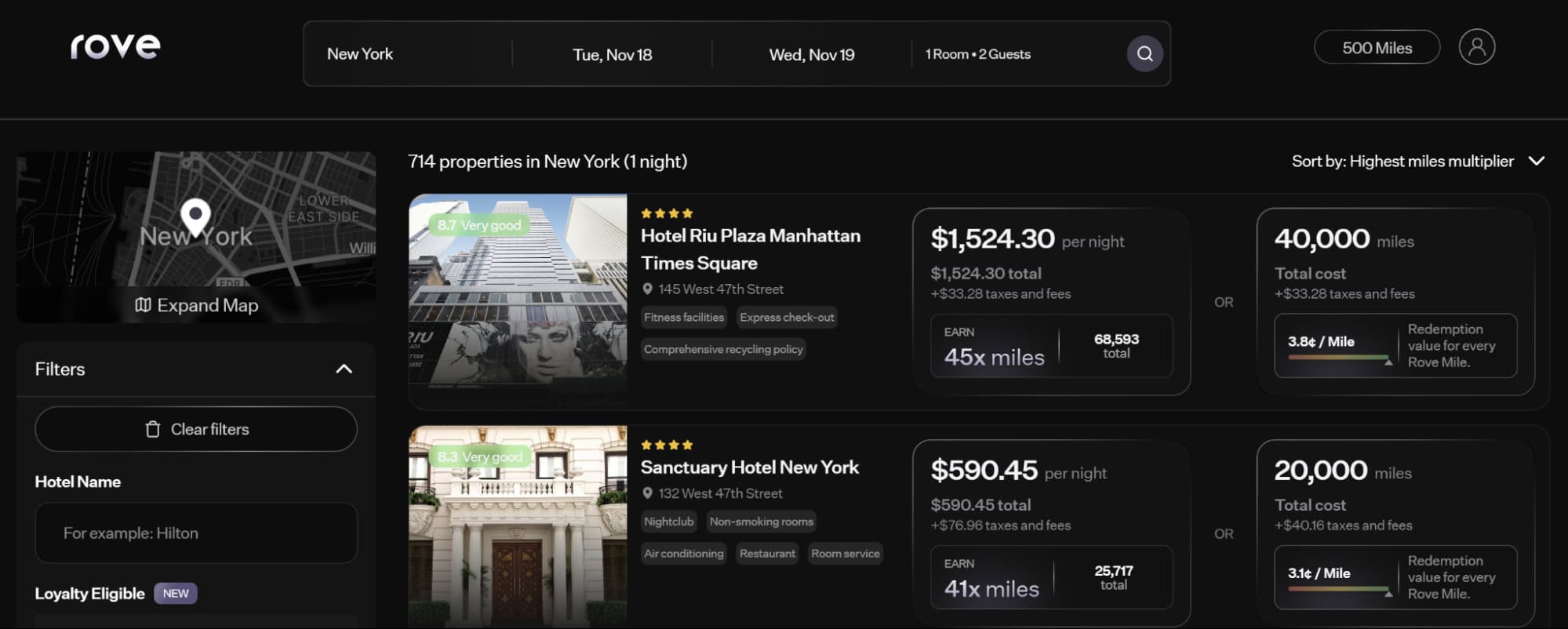 Rove Miles hotel search results in New York showing Hotel Riu Plaza Manhattan Times Square with cash pricing, 45X miles earning rate, and an option to redeem 40,000 Rove Miles for the stay