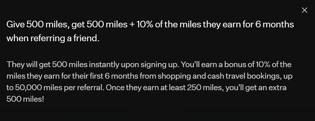 Rove Miles referral program page showing a 500-mile signup bonus plus 10% of referred users’ earned miles for six months, with referral link and rewards tracking dashboard displayed