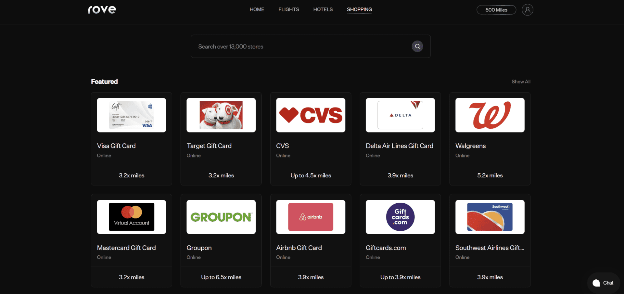 Rove Miles online shopping portal featuring merchants including Target, CVS, Delta Air Lines Gift Card, Walgreens, Groupon, Airbnb Gift Card, and Southwest Airlines Gift Card with miles earning rates displayed