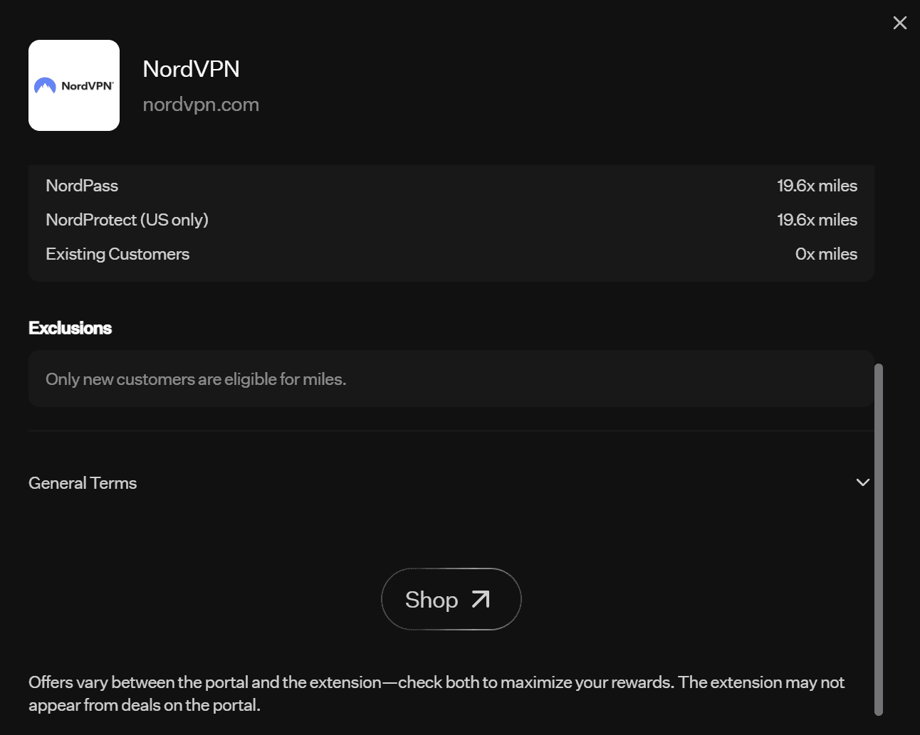 Rove Miles shopping portal merchant page for NordVPN showing miles earning rates, exclusions for existing customers, general terms, and a Shop button to redirect users to the merchant website