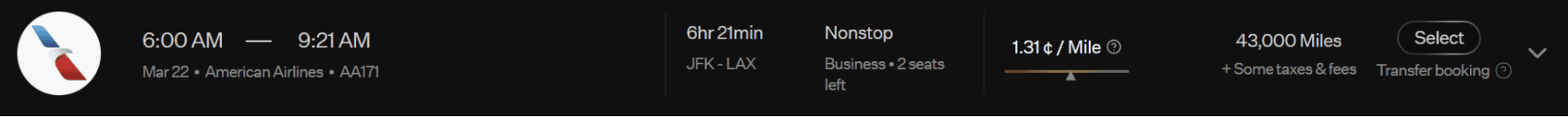 Rove Miles flight search result showing an American Airlines business class flight from New York to Los Angeles labeled as a transfer booking with the Select button displayed