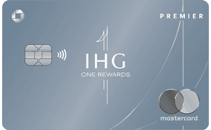 A gray Chase The New IHG One Rewards Premier Mastercard credit card with a chip, contactless symbol, and the name “D. Barrett” printed on the front—perfect for earning travel points.