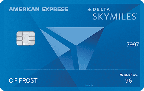 A blue American Express Delta SkyMiles credit card featuring a chip, contactless payment symbol, and the cardholder name C F Frost. The card displays the Delta logo, Member Since 96, and helps you earn miles for travel.