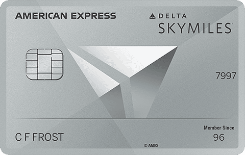 Close-up of an American Express Delta SkyMiles credit card with a metallic silver design, showing a chip, contactless symbol, and cardholder name C F Frost—perfect for earning miles and points on your next trip.