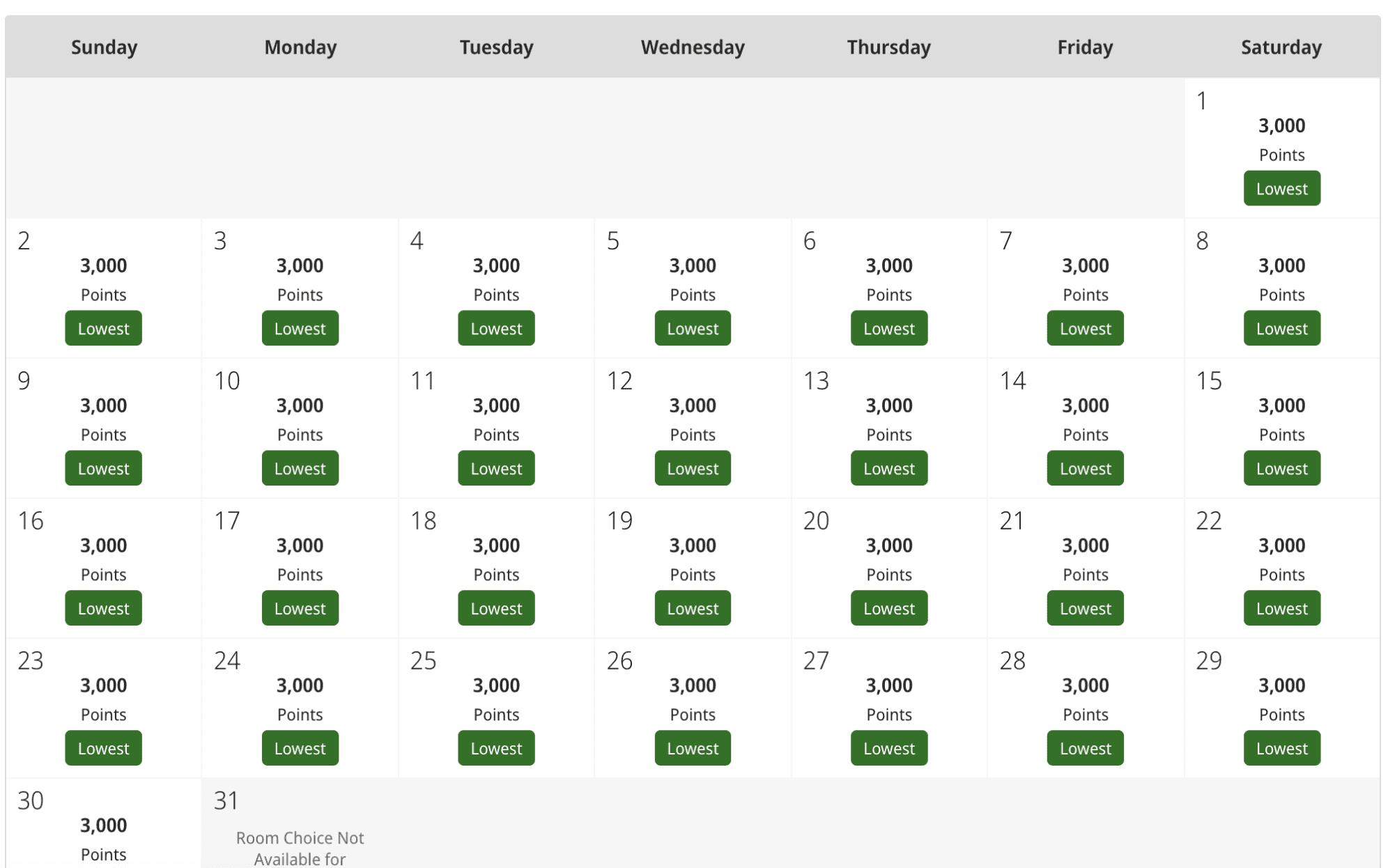 Hyatt award calendar displaying hotel nights available from 3,000 World of Hyatt points per night, illustrating one of the lowest-cost Hyatt redemptions in Doha.