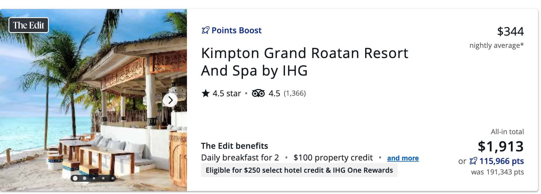 Kimpton Grand Roatan Resort and Spa by IHG award booking showing Points Boost pricing of 115,966 points for a four-night stay in Roatan, Honduras